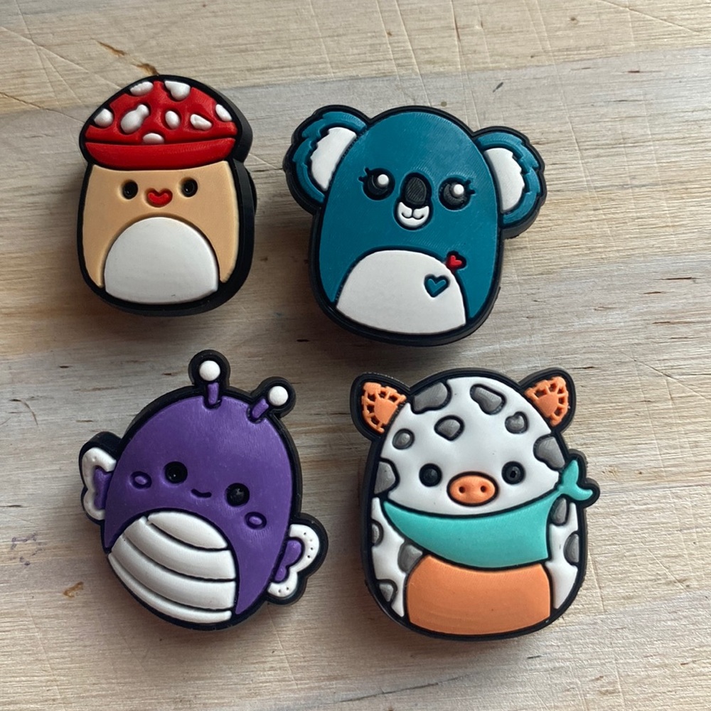 4 Squishmallow Croc charms, mushroom and butterfly included